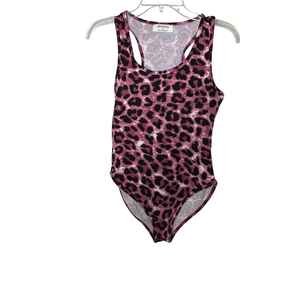 Zenana Pink‎ Leopard Print Racerback Bodysuit Womens Large Sleeveless Scoop Neck
